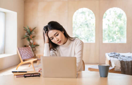Portrait,Of,Stress,Sad,Business,Woman,Working,Alone,At,Home